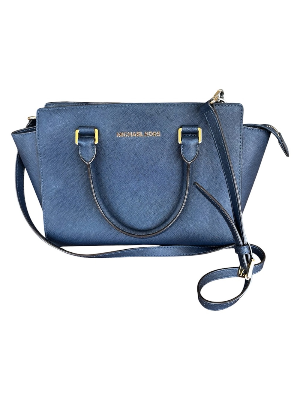 Michael Kors Selma Saffiano Leather Satchel Messenger Handbag Medium Navy Blue - Picture 1 of 15